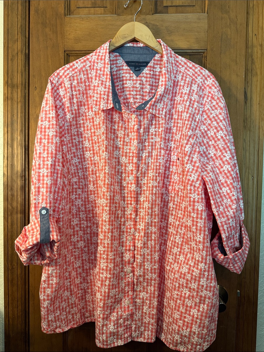 Coral & White Button-Up Blouse